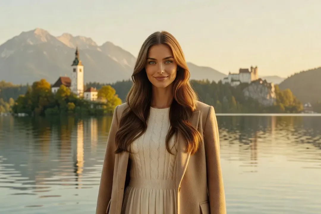 Jeune femme slovène au bord du lac de Bled dans la lumière dorée, l’île et son église, le château sur sa falaise et les Alpes juliennes en arrière-plan