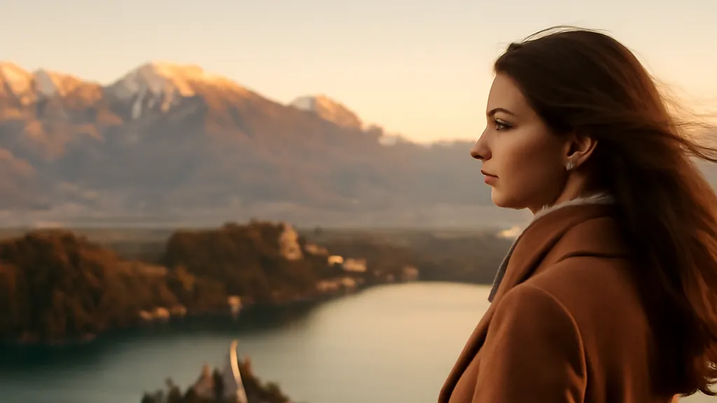 Jeune femme élégante contemplant le lac de Bled et son île au coucher du soleil, les Alpes juliennes en arrière-plan