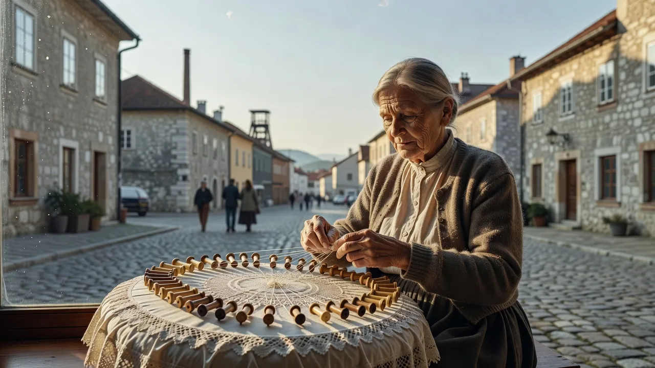 Une dentellière travaille le fil devant des bâtiments d’Idrija, ville slovène marquée par son ancien patrimoine minier.