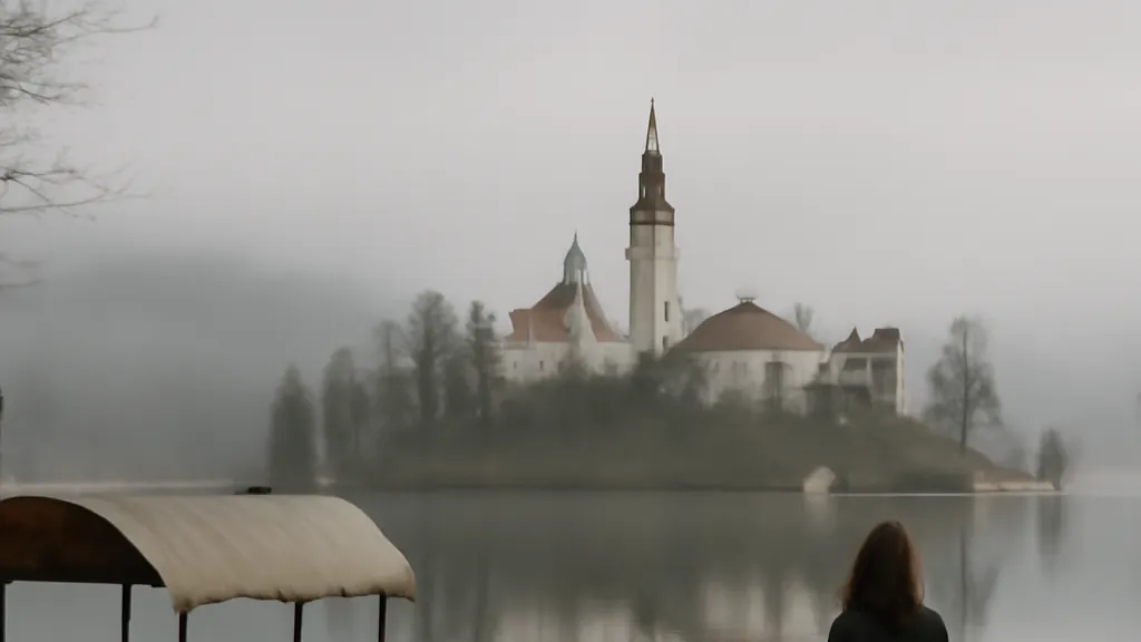 Promeneuse en manteau sur la rive du lac de Bled à l’aube, brume légère, île et église de l’Assomption en arrière-plan