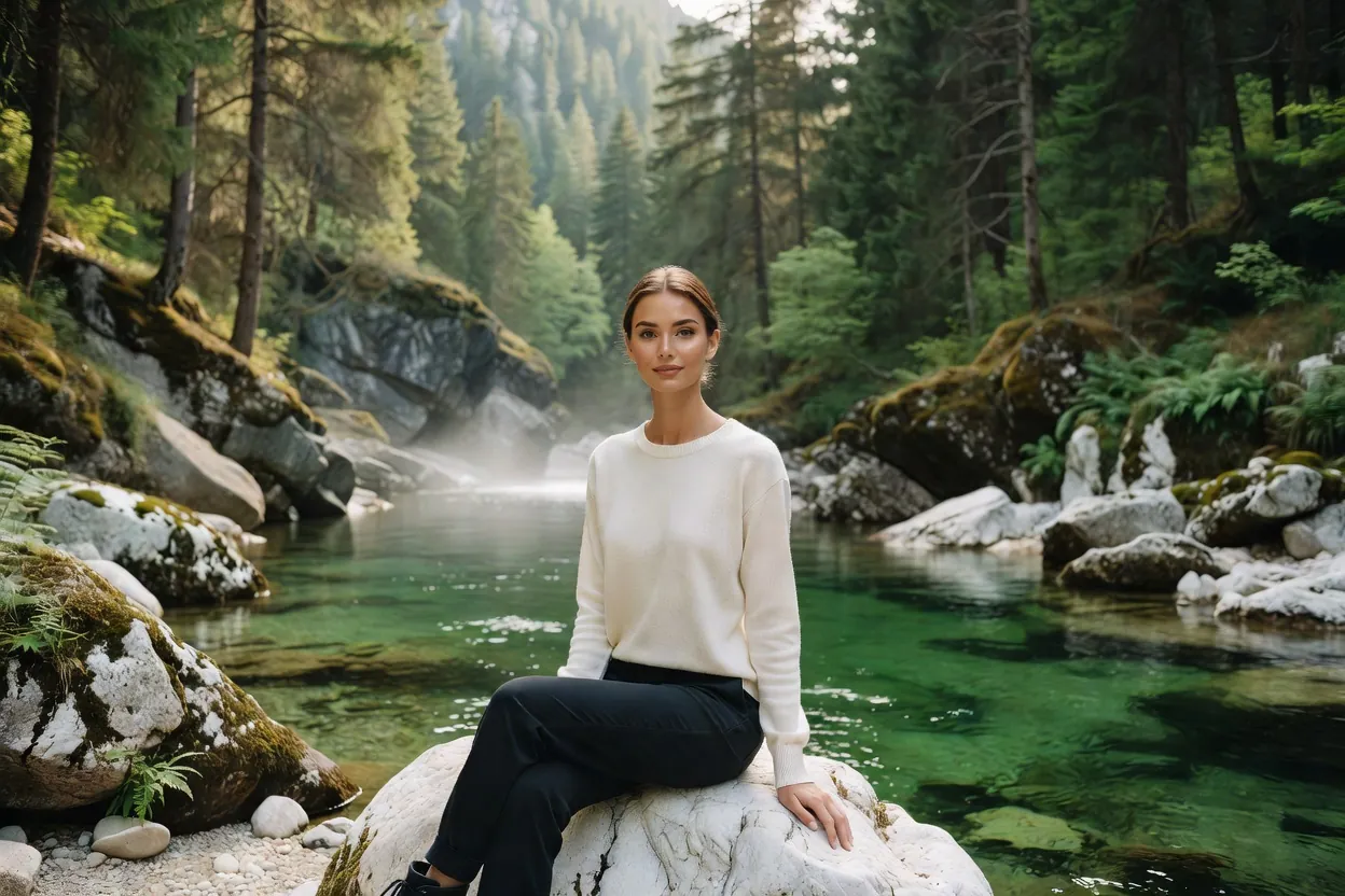 Jeune femme assise sur un rocher blanc au bord d’une rivière alpine vert émeraude, dans une gorge boisée