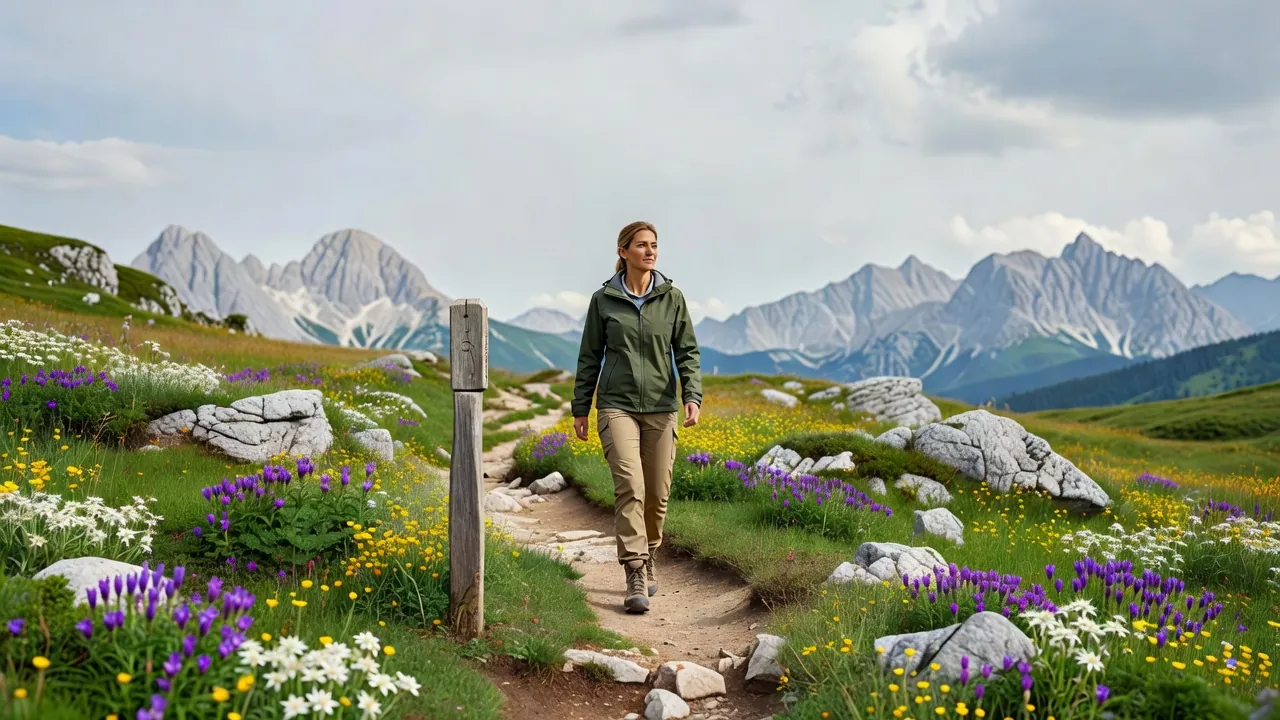 Une randonneuse marche sur un sentier des Alpes juliennes, face aux sommets du parc national du Triglav.