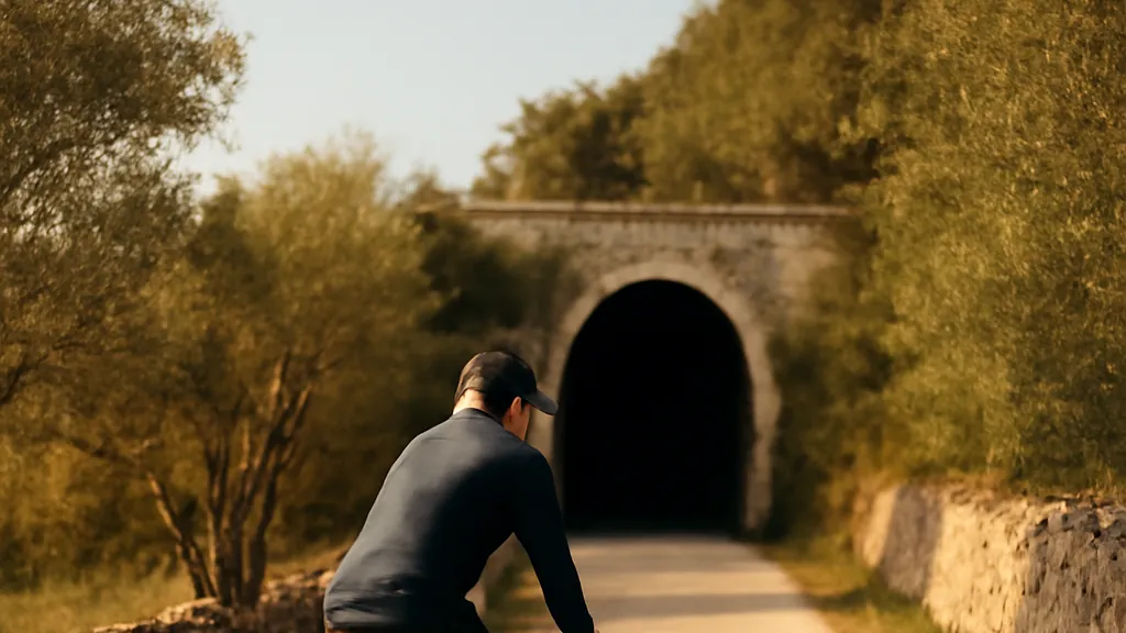 Une cycliste parcourt la Parenzana sur l’ancien tracé ferroviaire à faible pente, au cœur du paysage karstique.