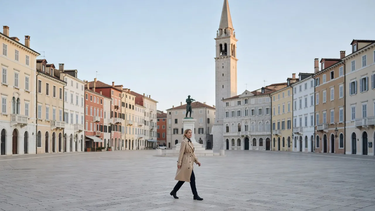 Vue de la place Tartini à Piran, avec sa statue de bronze et les façades urbaines héritées de l’histoire vénitienne.