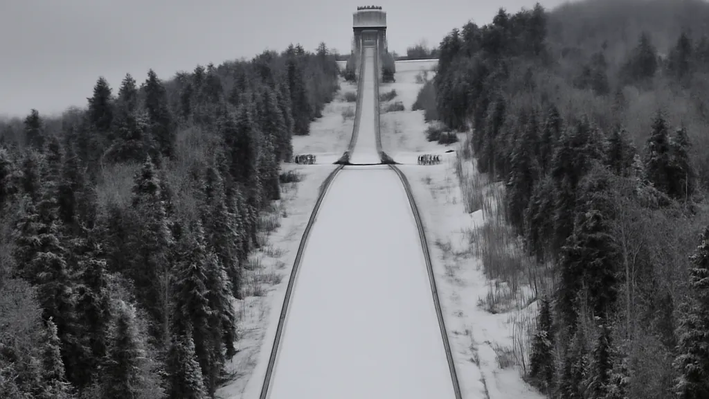 Un sauteur à ski s’élance sur le tremplin de Planica, entouré des reliefs alpins slovènes enneigés.