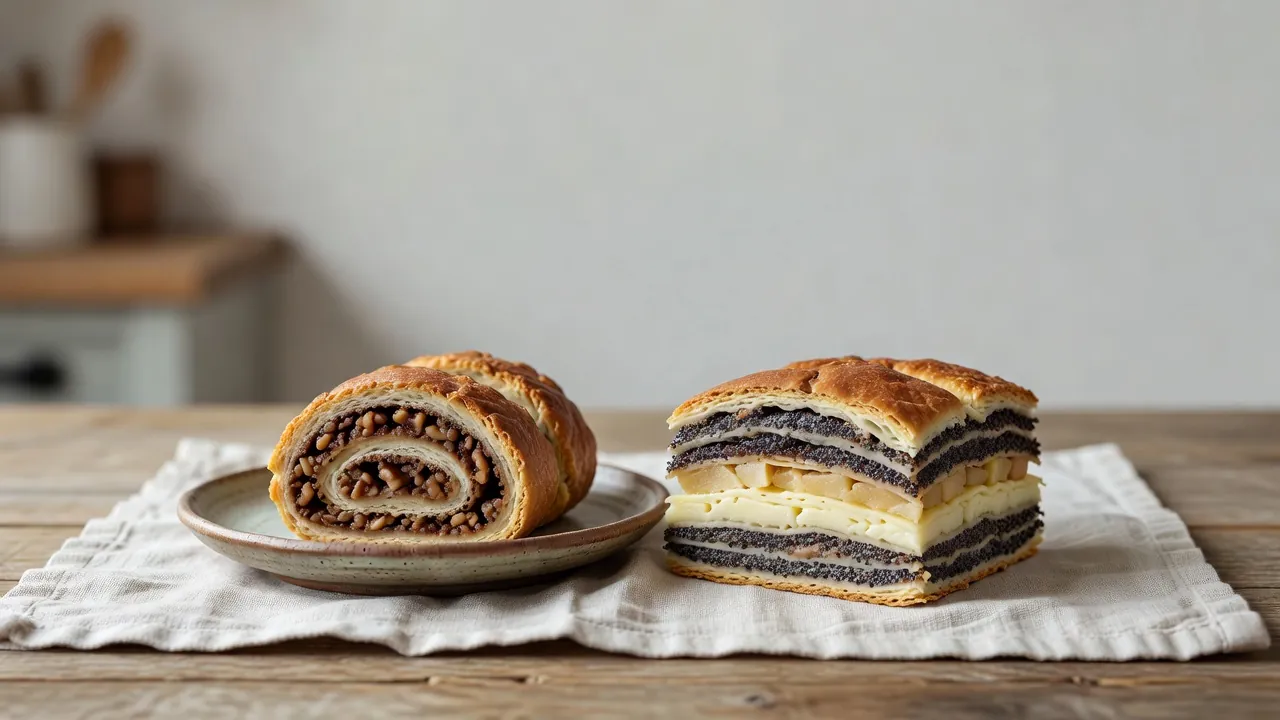 Une pâtissière découpe une potica roulée et une prekmurska gibanica sur une table en bois.