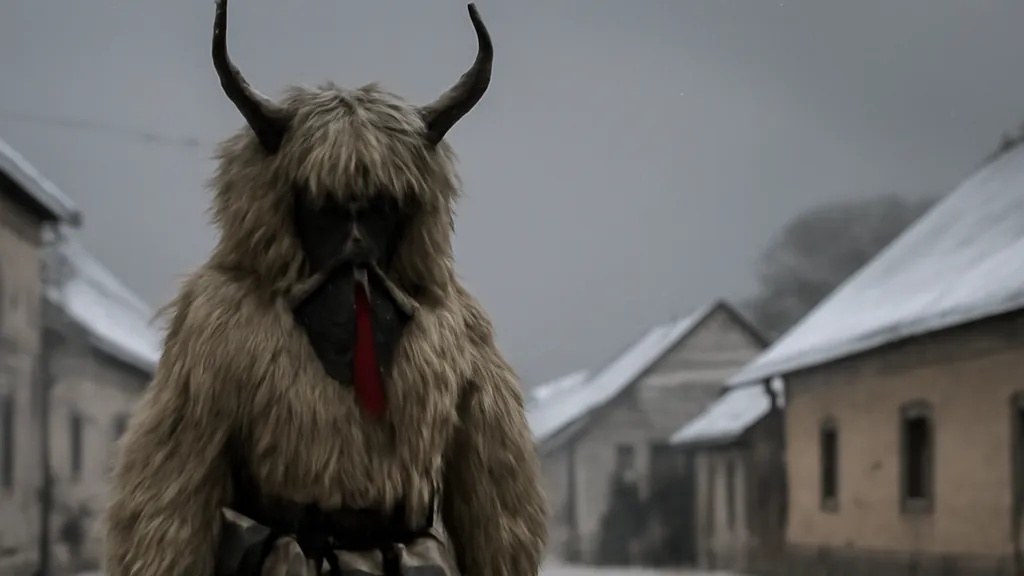 Un participant portant le masque et le costume traditionnel du kurent marche dans une rue de Ptuj pendant le carnaval.
