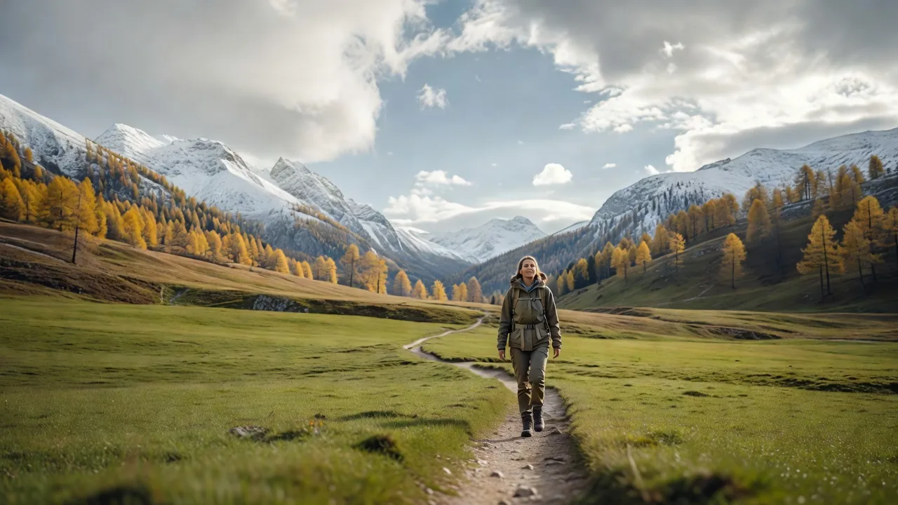 Une randonneuse observe les Alpes juliennes depuis un sentier en altitude, avec des sommets encore enneigés à l’horizon.