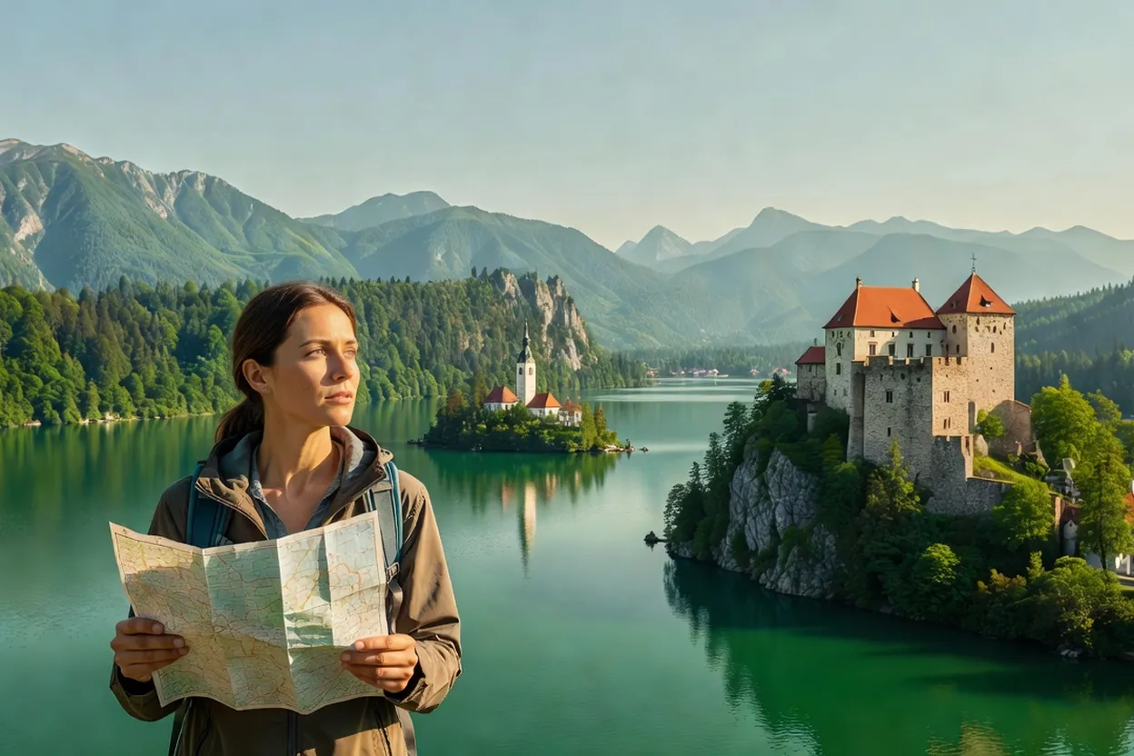 Voyageuse en chemise légère debout à un point de vue sur le lac de Bled, carte routière à la main, montagnes boisées au fond