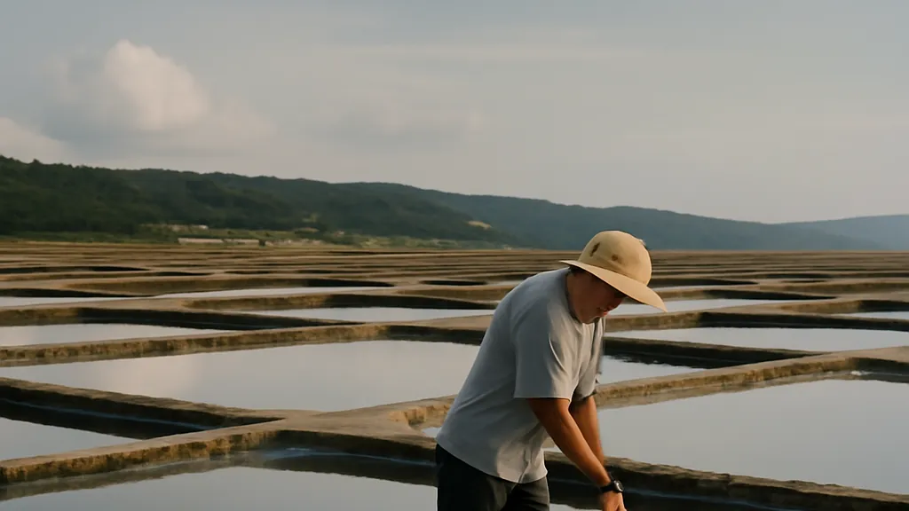 Saunier en chapeau de paille ramassant le sel à la main sur un bassin des salines de Sečovlje, reflets du ciel d’été sur l’eau