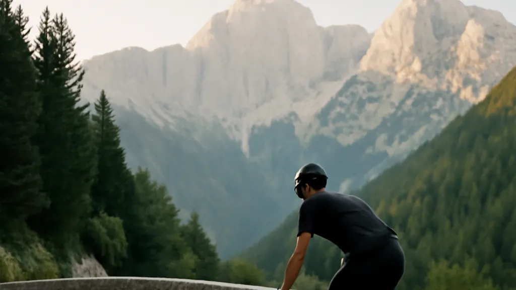Cycliste en maillot sur la route en lacets du col du Vršič, les Alpes juliennes en arrière-plan au petit matin