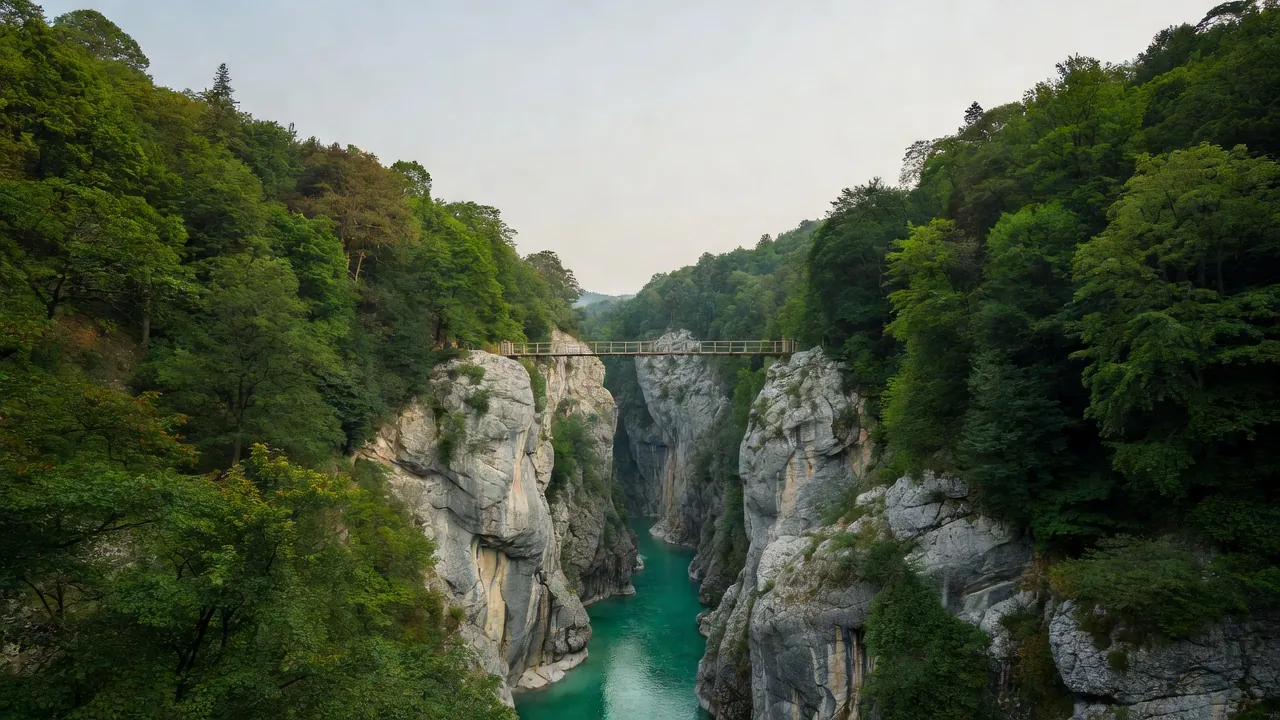Vue de la rivière Soča aux eaux émeraude entre des reliefs boisés, avec un promeneur sur la berge.