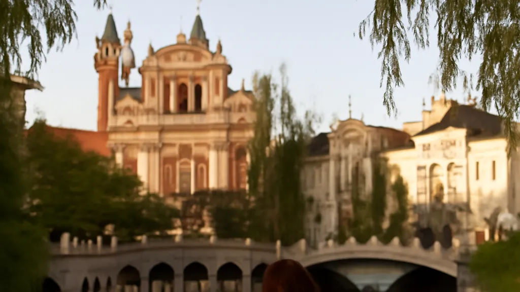 Promeneurs sur les quais de la Ljubljanica au crépuscule, le Triple Pont de Jože Plečnik en arrière-plan, à Ljubljana