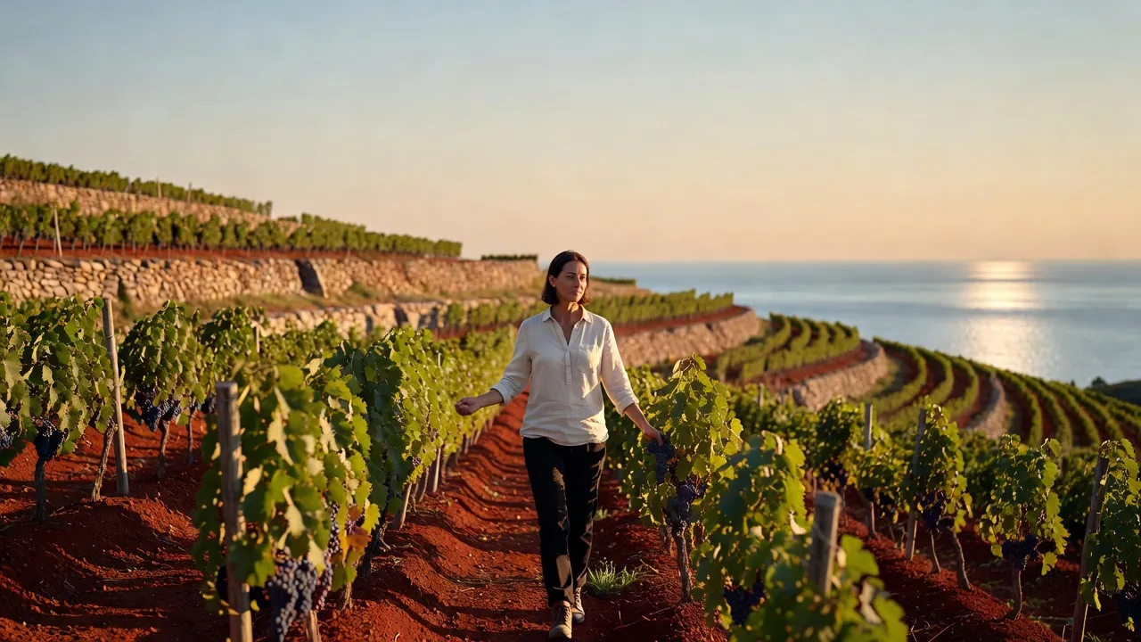 Vignoble en terrasses du Karst slovène au-dessus de l’Adriatique, en fin de journée